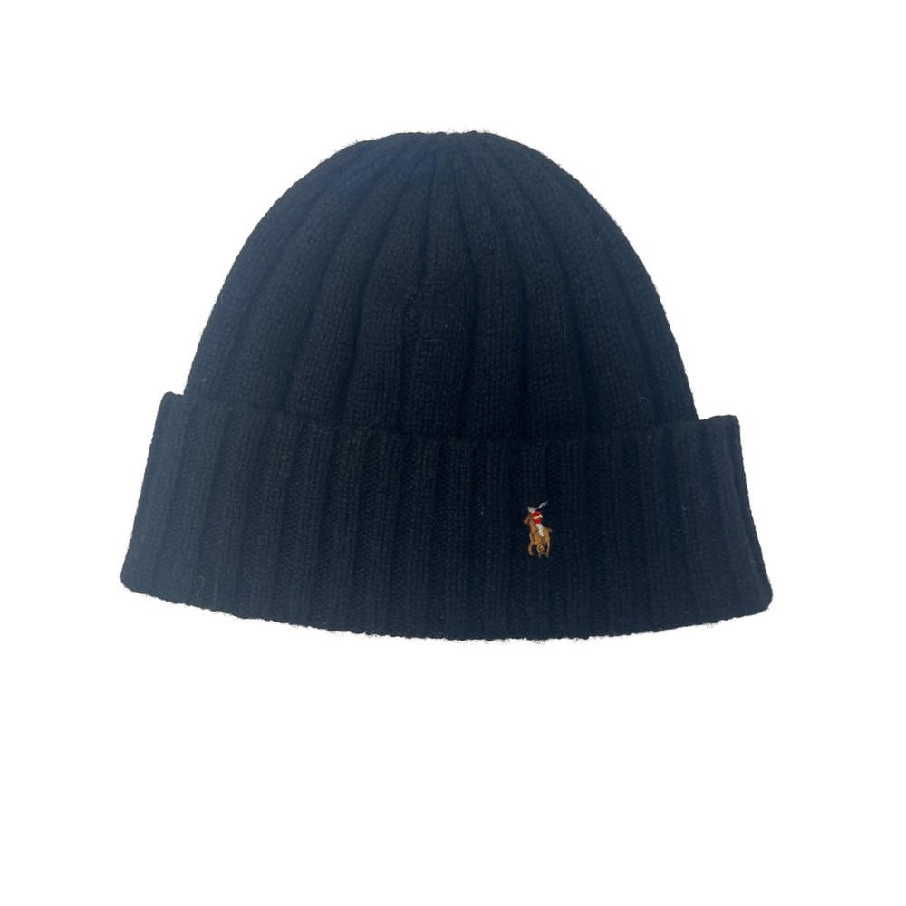 Polo Ralph Lauren Black Ribbed Knit Beanie Hat‎ Embroidered Pony Logo Skull Cap